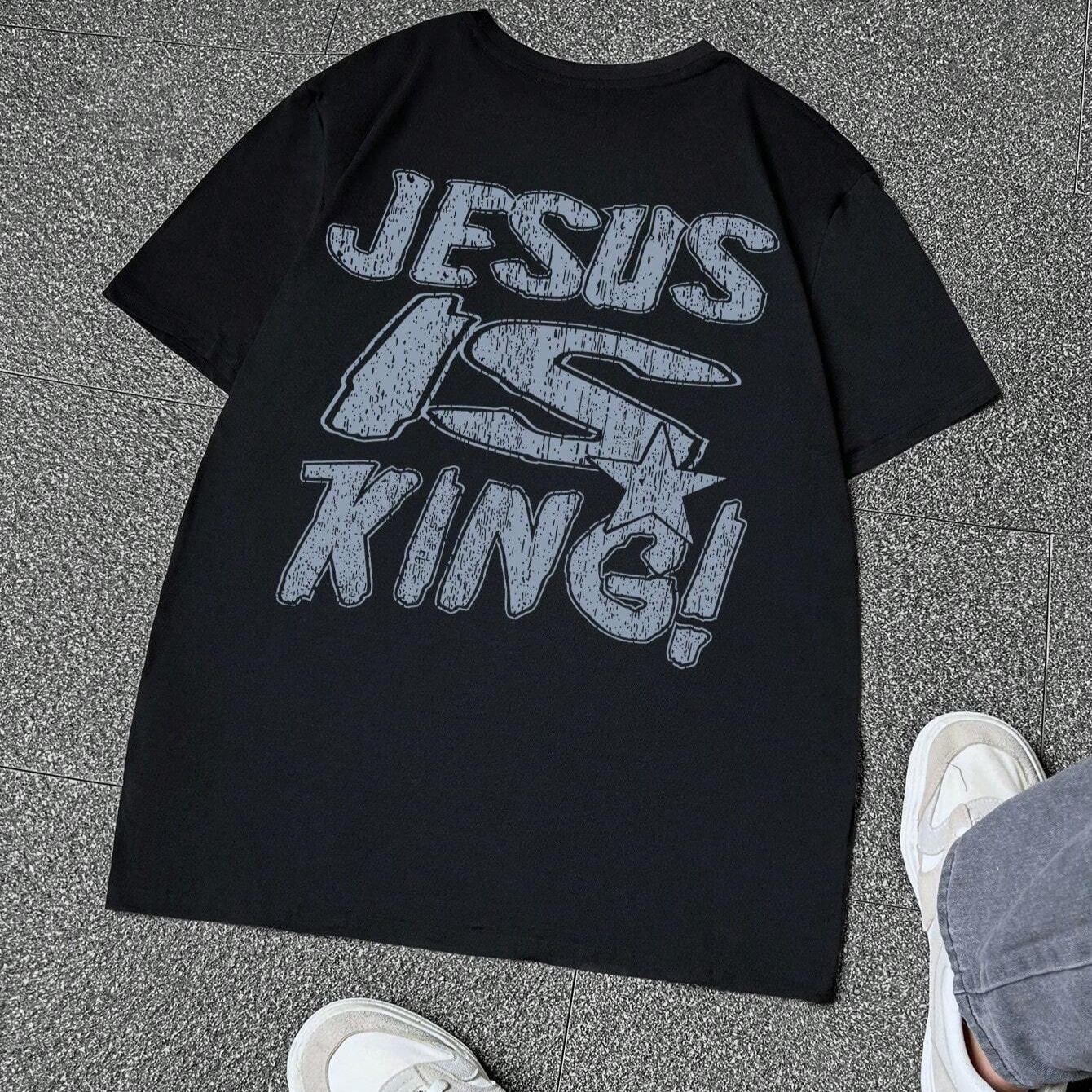 Jesus Is King Letter Print Short Sleeve Tee-Loose Casual Comfy T-shirt for Summer