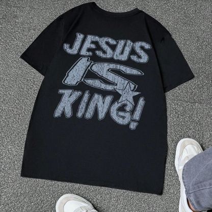 Jesus Is King Letter Print Short Sleeve Tee-Loose Casual Comfy T-shirt for Summer