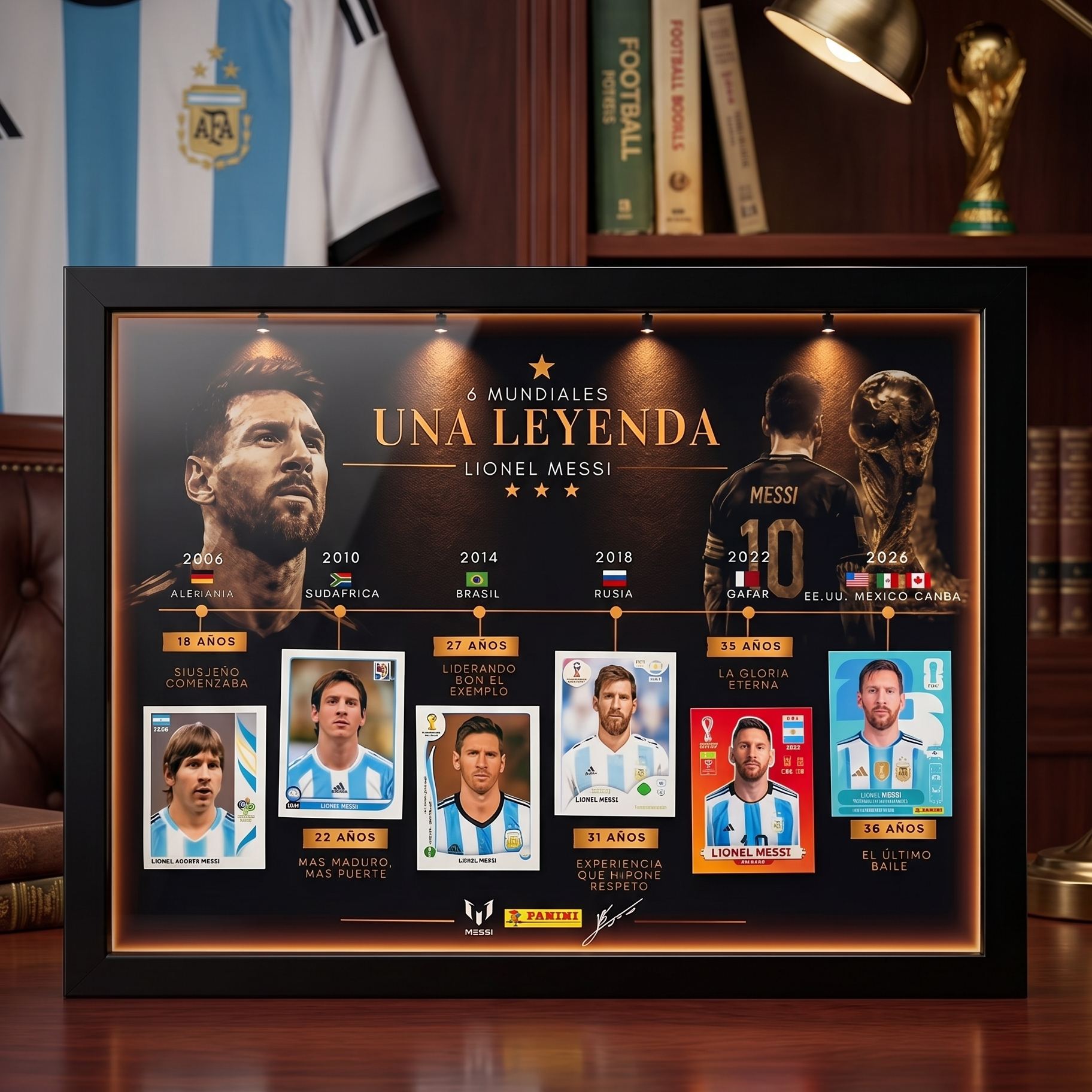 Lionel Messi "Una Leyenda" Luxury LED Shadow Box – 6x World Cup Career Evolution Frame (2006-2026)