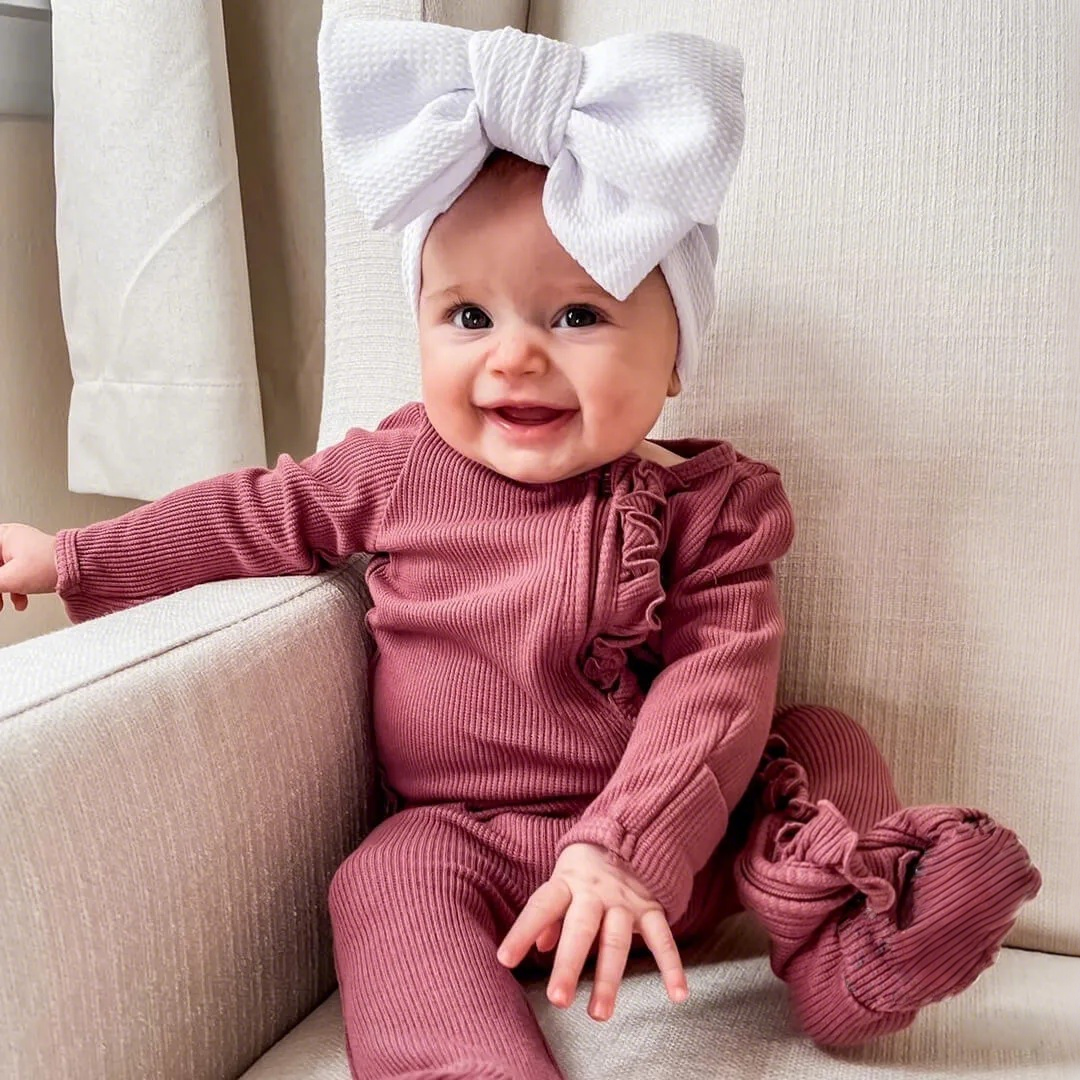Baby Girl Zipper Footie Pajamas with Bow Headband & Ruffle
