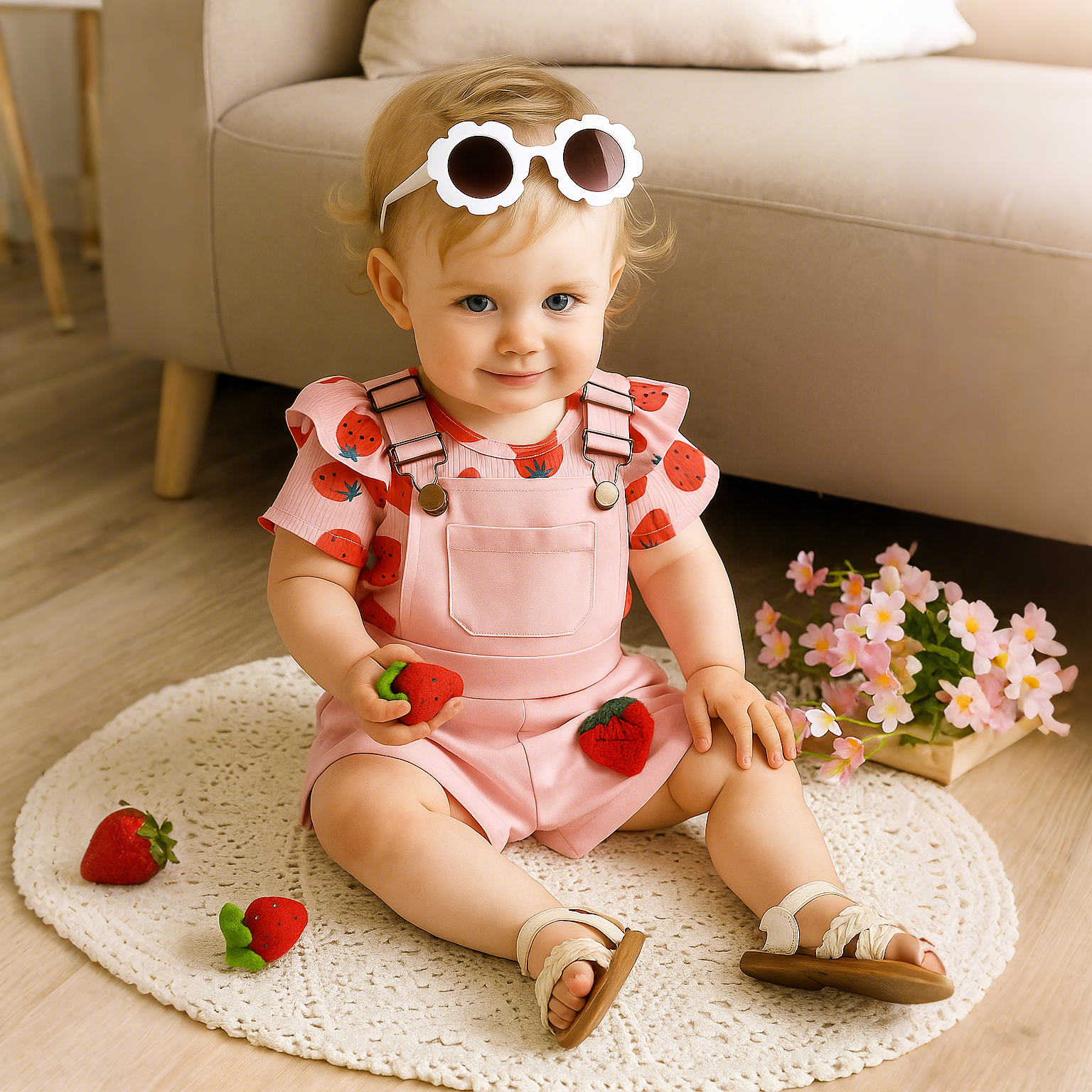 2pcs Baby Girl Strawberry Print Flutter Sleeve Onesies & Suspenders