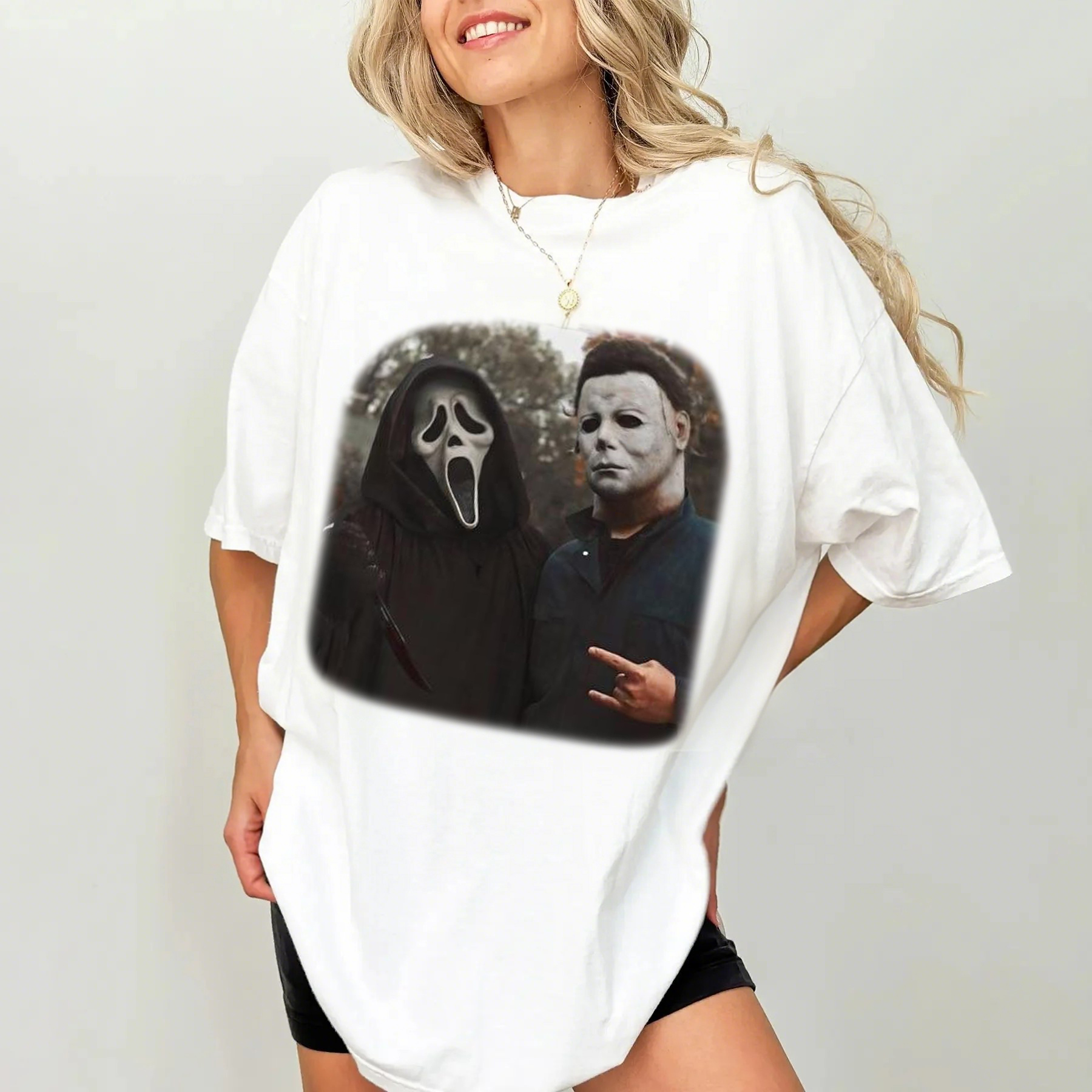 Vintage Halloween Horror T-Shirt - Ghost Face & Michael Myers Graphic Tee