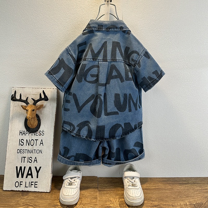 2pcs Toddler Boys Summer Casual Printed Denim Short Sleeve Top & Shorts