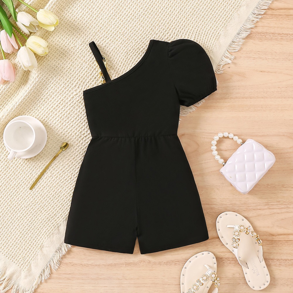 Toddler Girls Black Asymmetric Strap Romper with Gold Accents