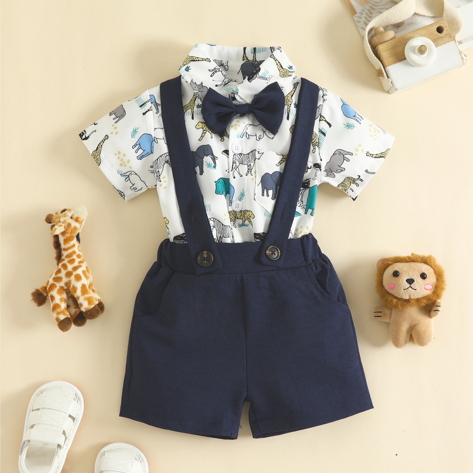 2pcs Baby Boy Collared Bow Tie Romper & Suspenders