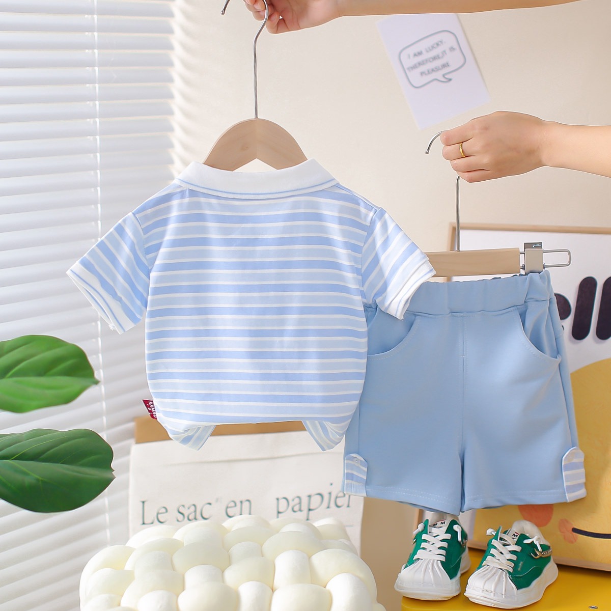 2pcs Toddler Boys Striped Polo Shirt With Round Logo & Shorts