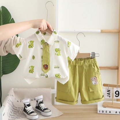 2pcs Toddler Boys Dinosaur Print Short-Sleeve Shirt & Tie with Shorts