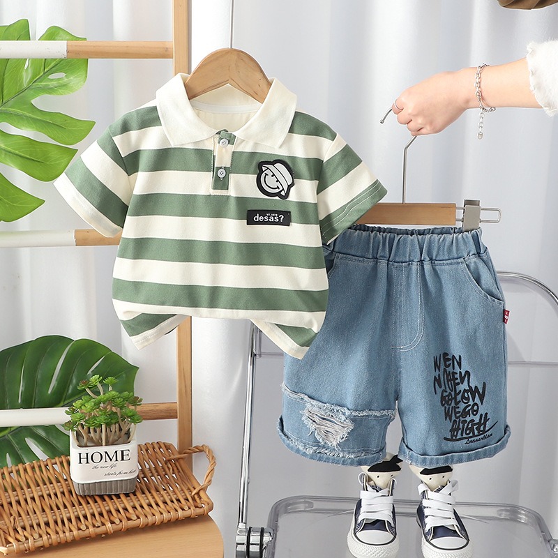 2pcs Toddler Boys Smiley Face Print Striped Polo + Distressed Denim Shorts