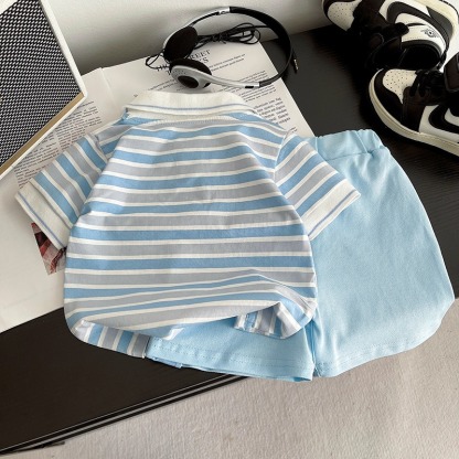 2pcs Toddler Boys Striped Short Sleeve & Shorts With Round Label Detail