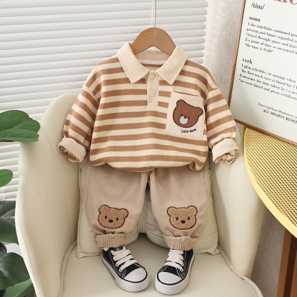 2pcs Toddler Boys 3D Embroidered Bear Long-Sleeve Shirt & Pants