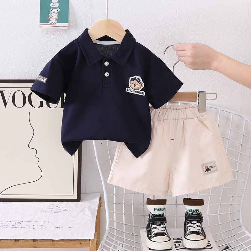 2pcs Toddler Boys Polo Shirt With Embroidered Bear Logo & Shorts 