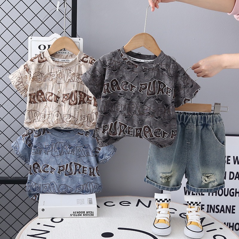 2pcs Toddler Boys Distressed Short Sleeve & Shorts