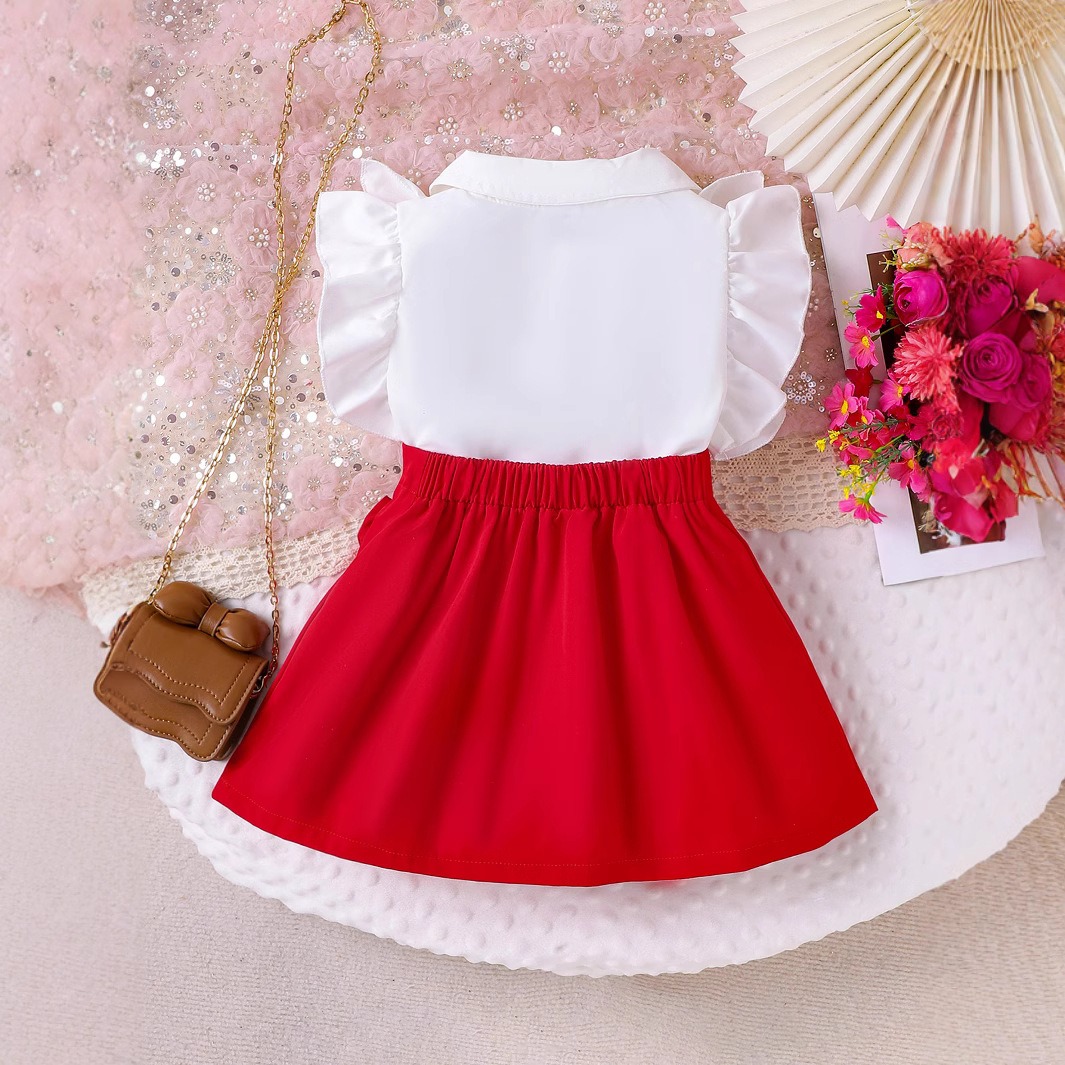 2pcs Toddler Girls Cute Ruffle Detail Sleeveless Top & Bowknot Skirt