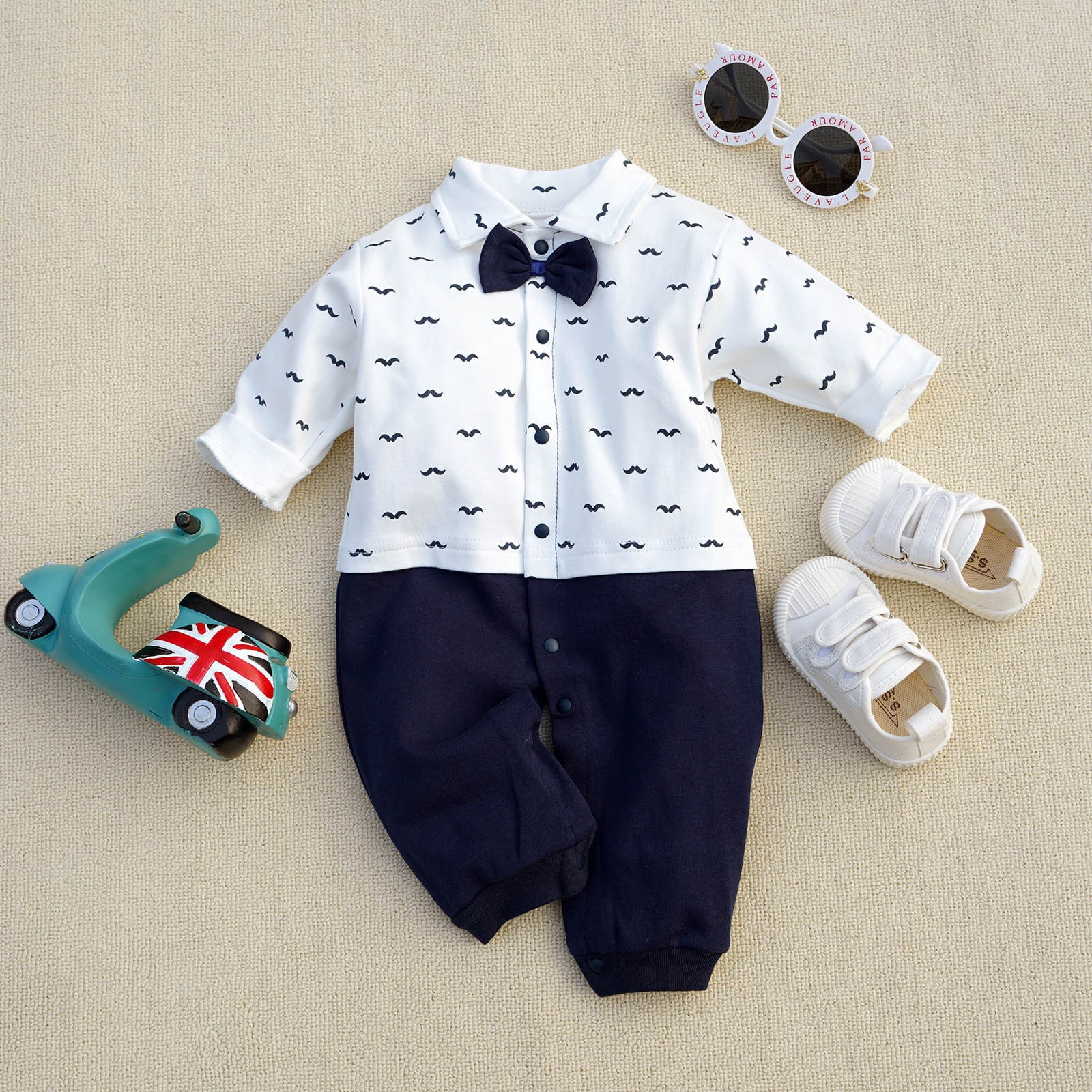 Baby Boy Mustache Print Gentleman Long-Sleeve Jumpsuits
