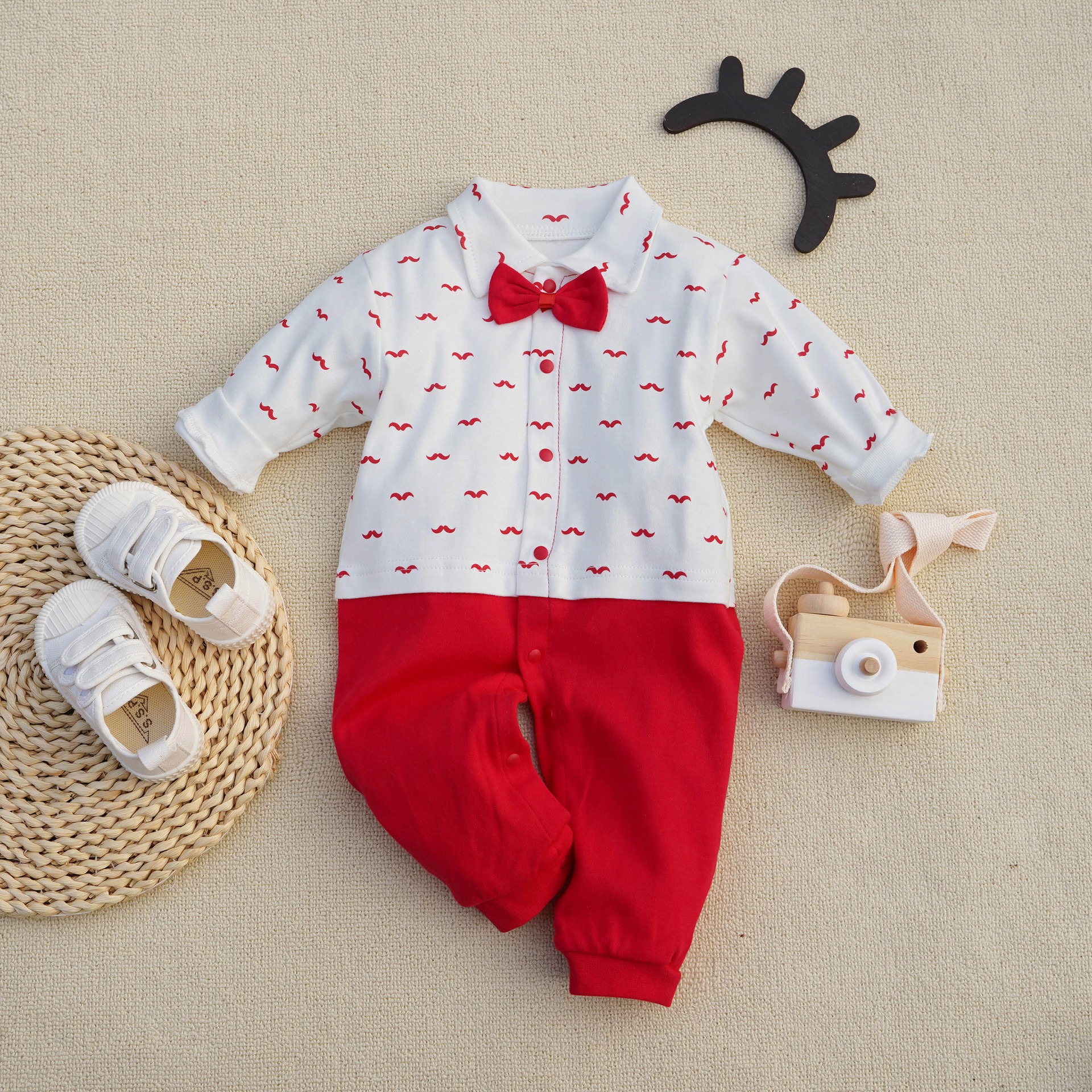 Baby Boy Mustache Print Gentleman Long-Sleeve Jumpsuits