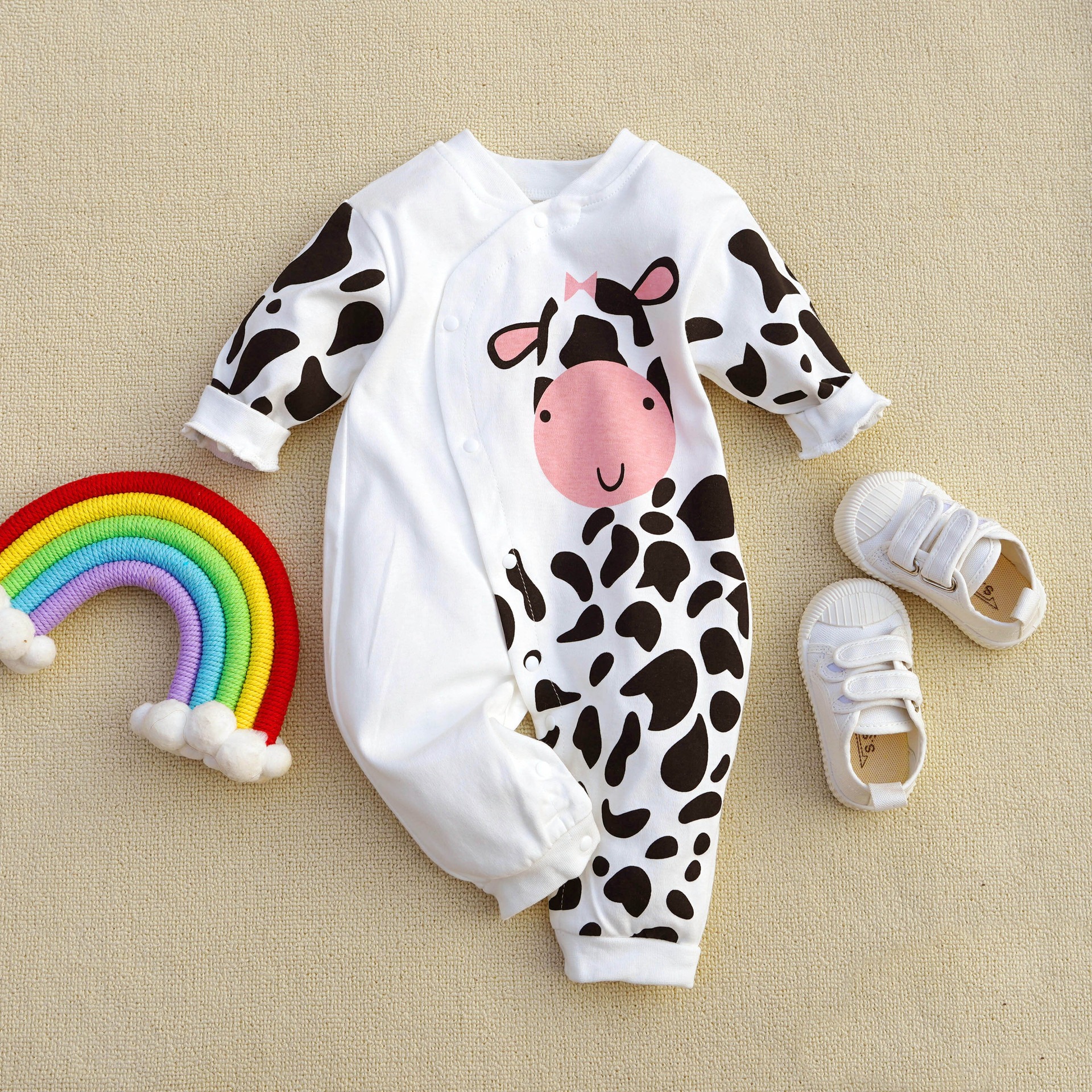 Baby Boy Diagonal Closure Cow Print Jumpsuits