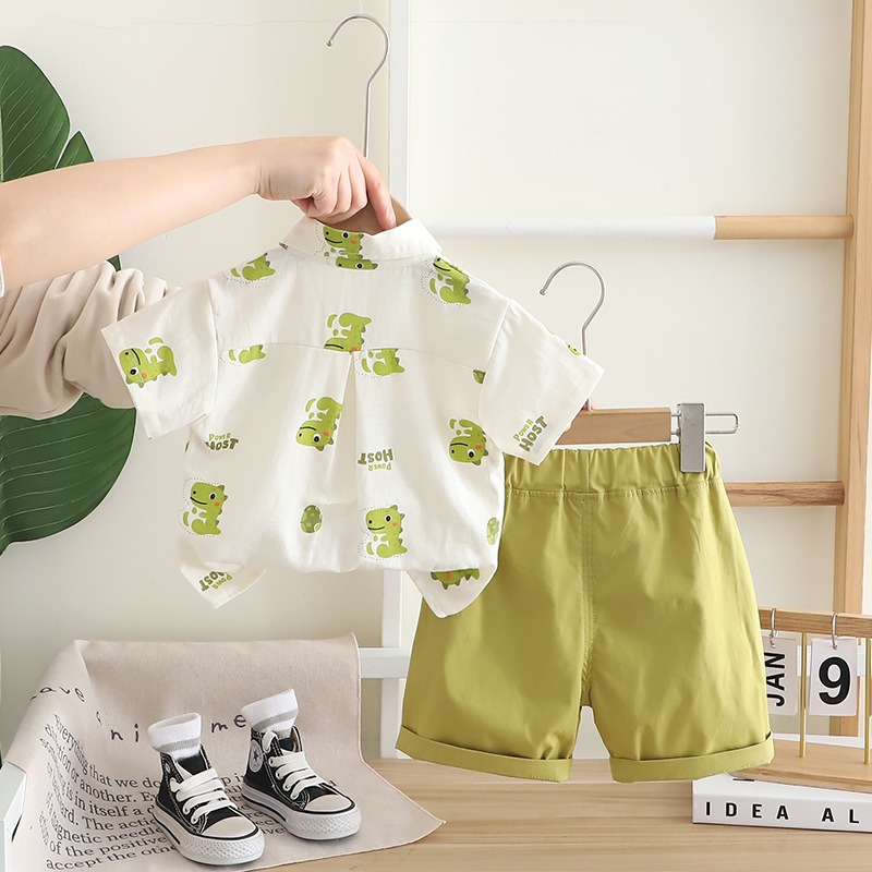 2pcs Toddler Boys Dinosaur Print Short-Sleeve Shirt & Tie with Shorts