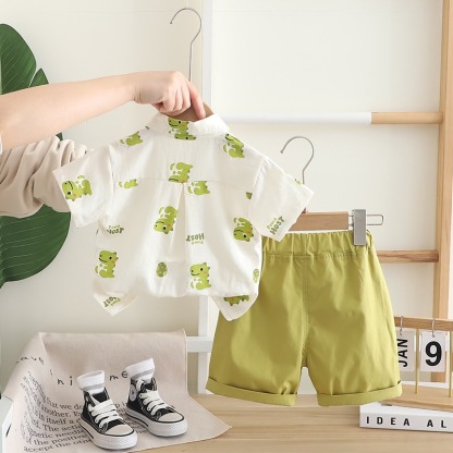 2pcs Toddler Boys Dinosaur Print Short-Sleeve Shirt & Tie with Shorts