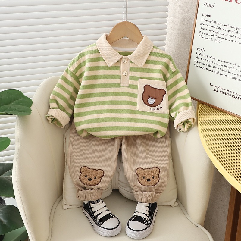 2pcs Toddler Boys 3D Embroidered Bear Long-Sleeve Shirt & Pants