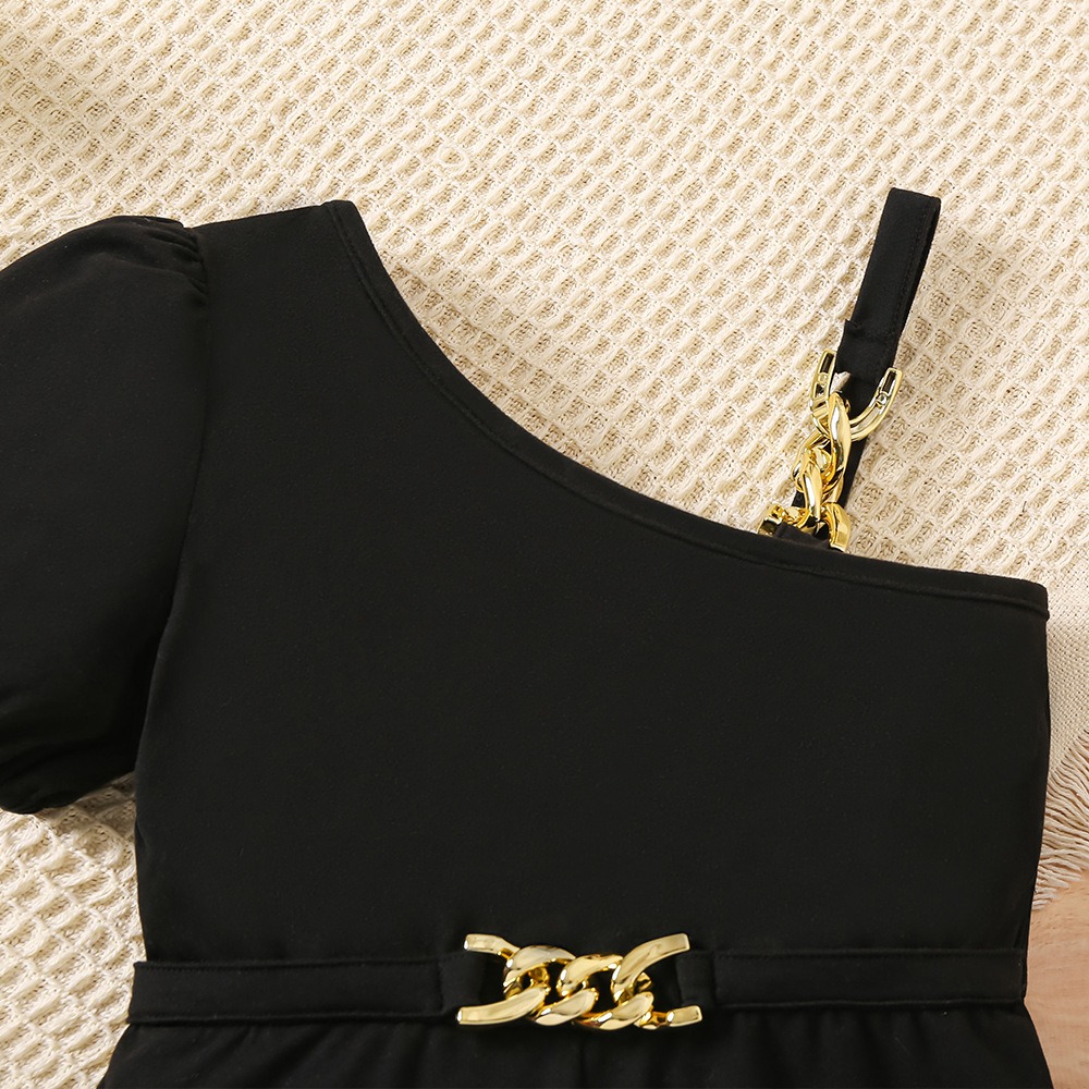 Toddler Girls Black Asymmetric Strap Romper with Gold Accents
