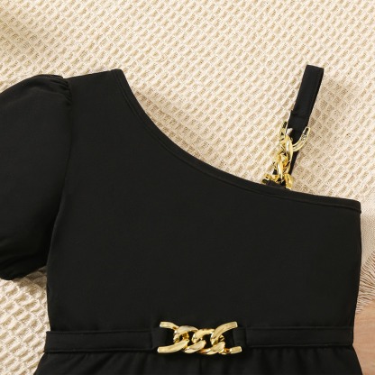 Toddler Girls Black Asymmetric Strap Romper with Gold Accents