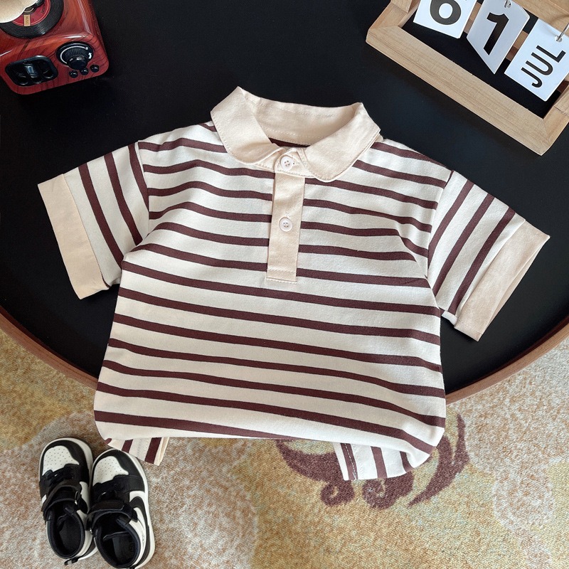 2pcs Toddler Boys Stripe Placket Short Sleeve Shirt & Pants