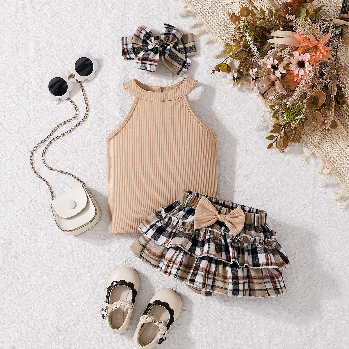 3pcs Baby Girl Halter Neck Tee & Plaid Skirt With Bow Headband