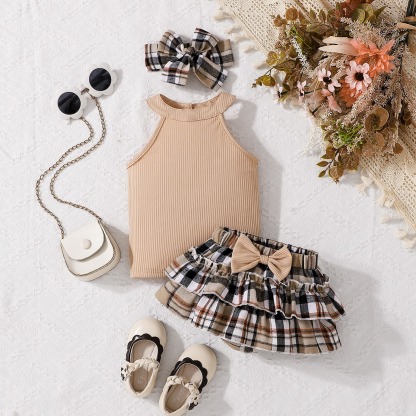 3pcs Baby Girl Halter Neck Tee & Plaid Skirt With Bow Headband