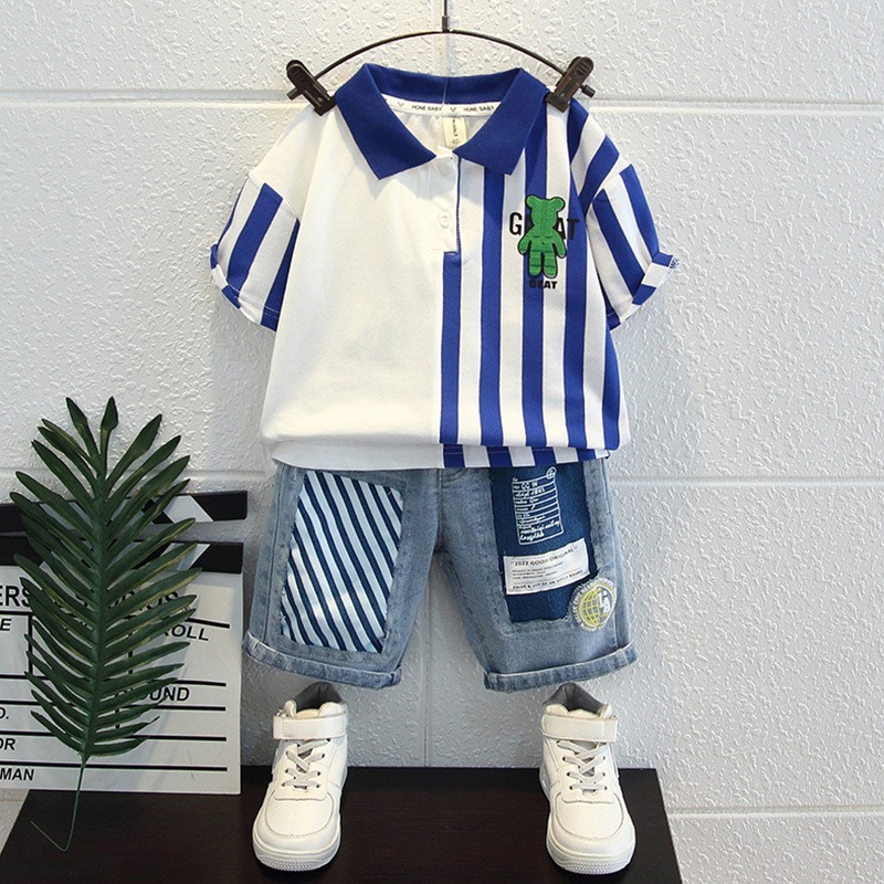 2pcs Toddler Boys Asymmetric Polo Shirt & Denim Shorts