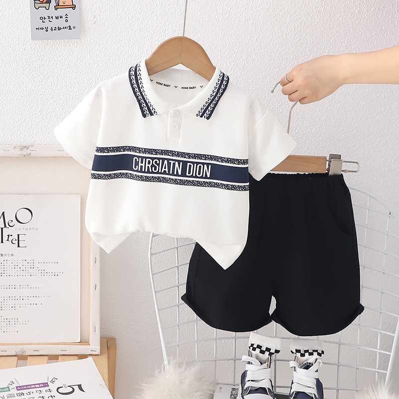 2pcs Toddler Boys Letter Print Polo & Solid Shorts