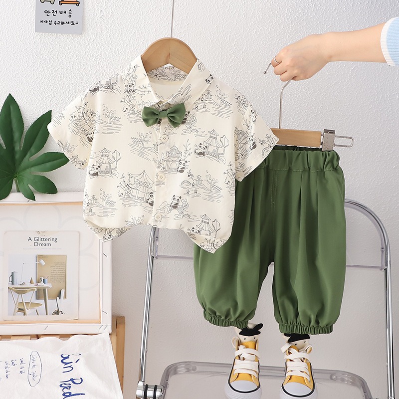2pcs Toddler Boys Printed Shirt & Cuffed Pants