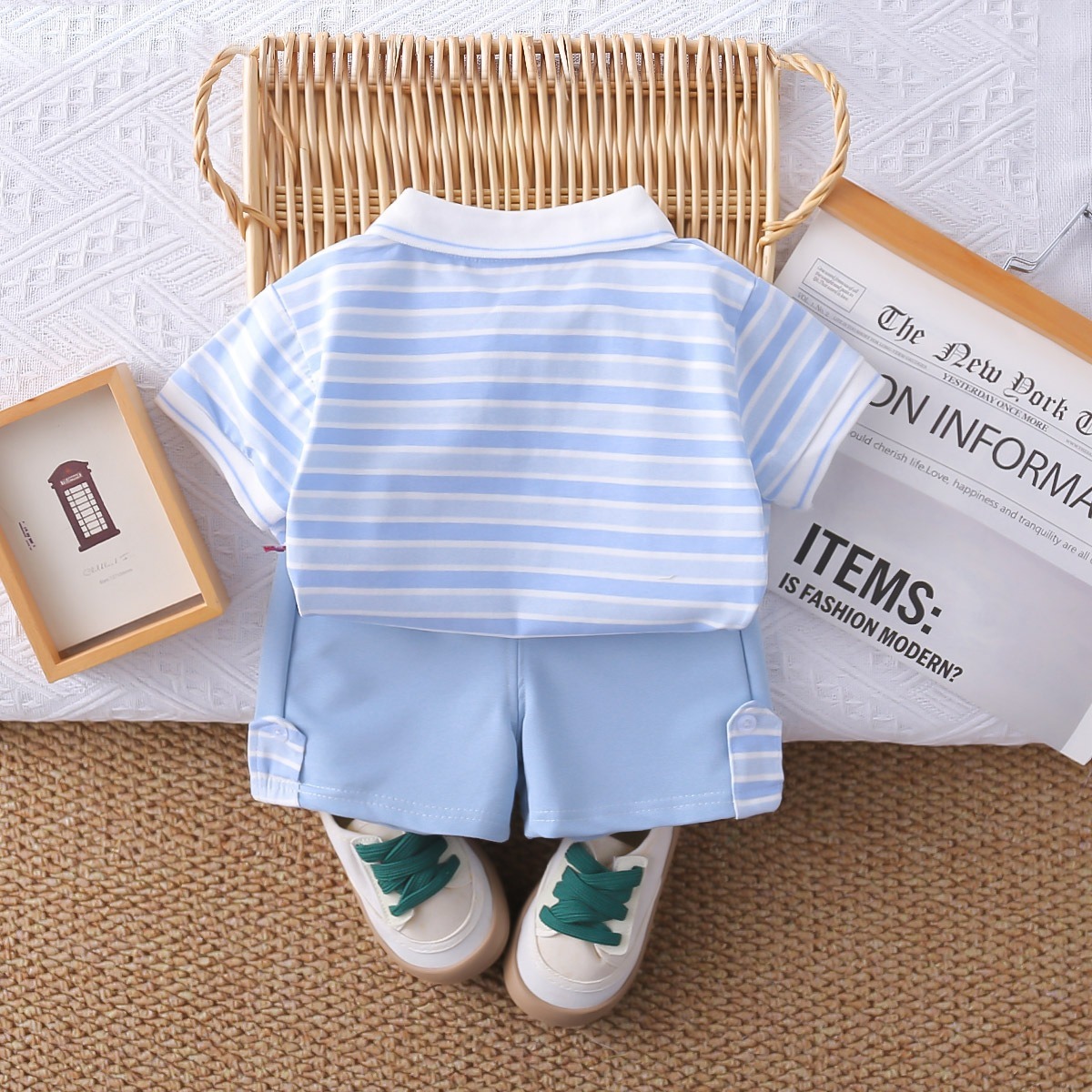 2pcs Toddler Boys Striped Polo Shirt With Round Logo & Shorts