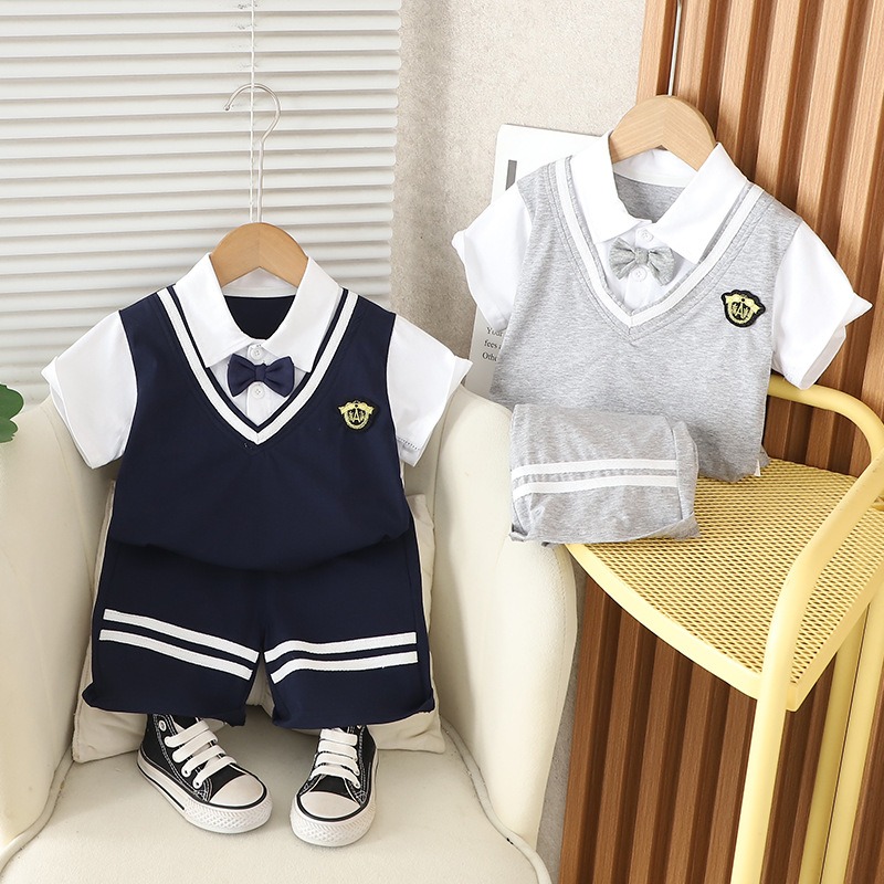 2pcs Toddler Boys Preppy Style Short Sleeve & Shorts