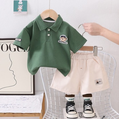 2pcs Toddler Boys Polo Shirt With Embroidered Bear Logo & Shorts 