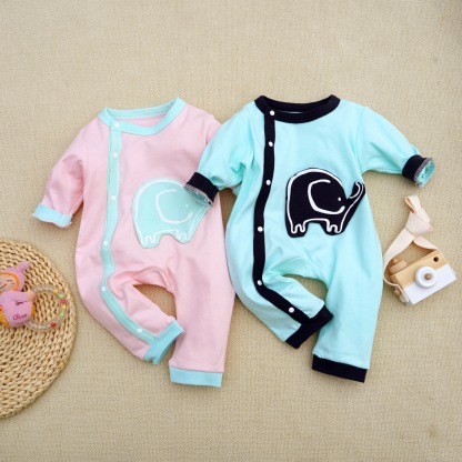 Baby Boy Diagonal Closure Elephant Long-Sleeve Jumpsuits