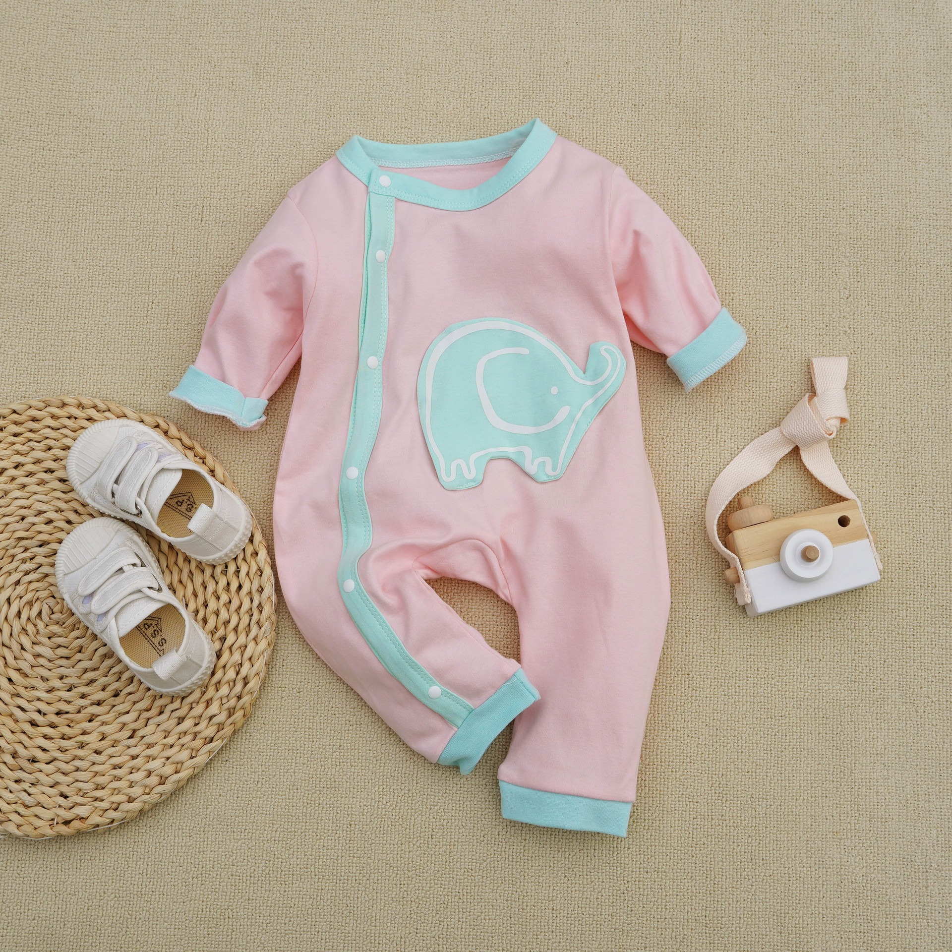 Baby Boy Diagonal Closure Elephant Long-Sleeve Jumpsuits
