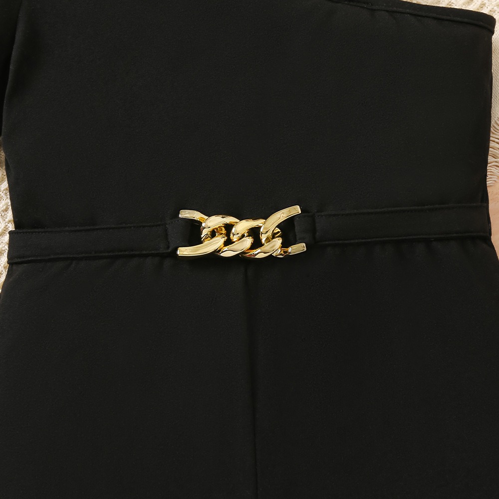 Toddler Girls Black Asymmetric Strap Romper with Gold Accents