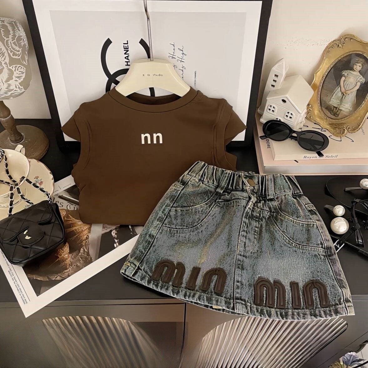 2pcs Toddler Girls Mallard Print Letter Sleeveless Top & Denim Skirt