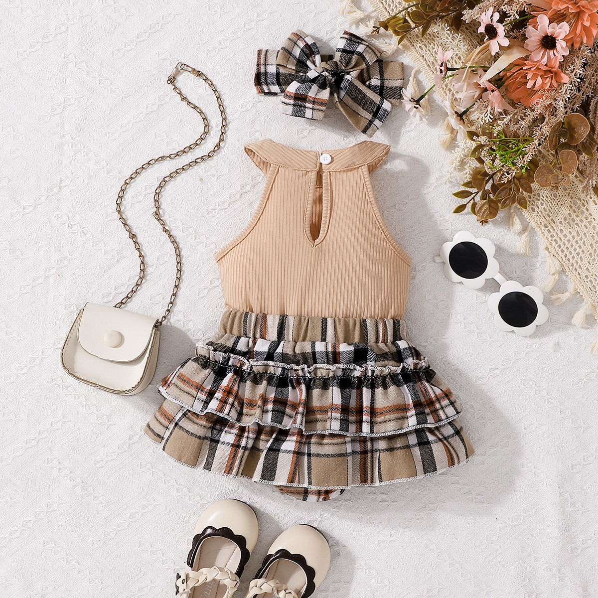 3pcs Baby Girl Halter Neck Tee & Plaid Skirt With Bow Headband