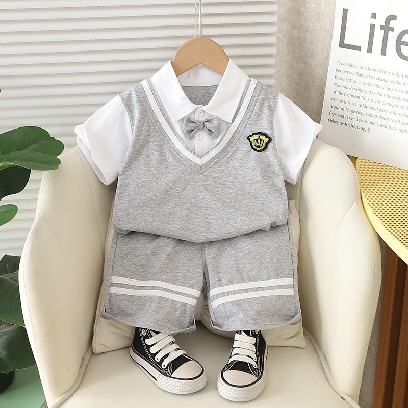 2pcs Toddler Boys Preppy Style Short Sleeve & Shorts