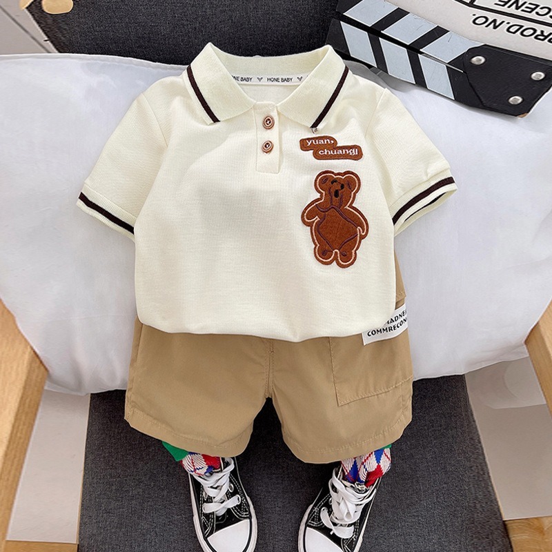 2pcs Toddler Boys Bear Polo Shirt & Comfy Shorts