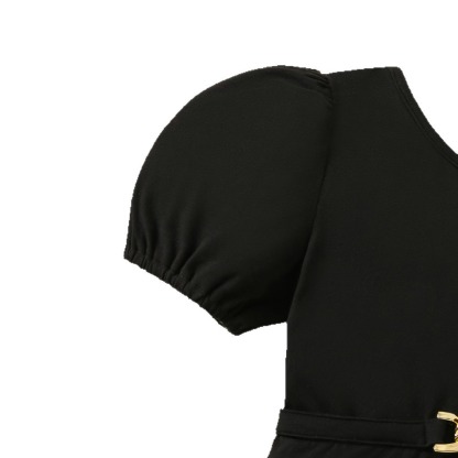 Toddler Girls Black Asymmetric Strap Romper with Gold Accents