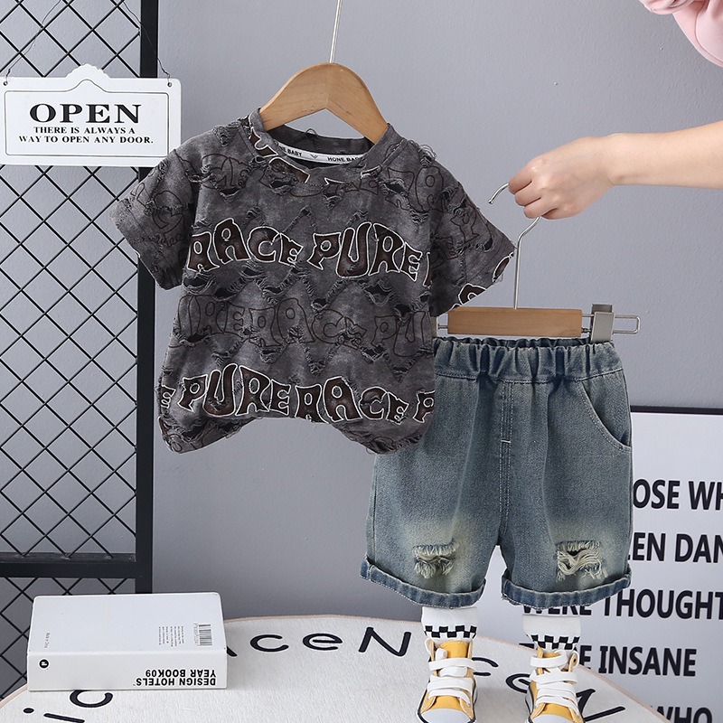 2pcs Toddler Boys Distressed Short Sleeve & Shorts