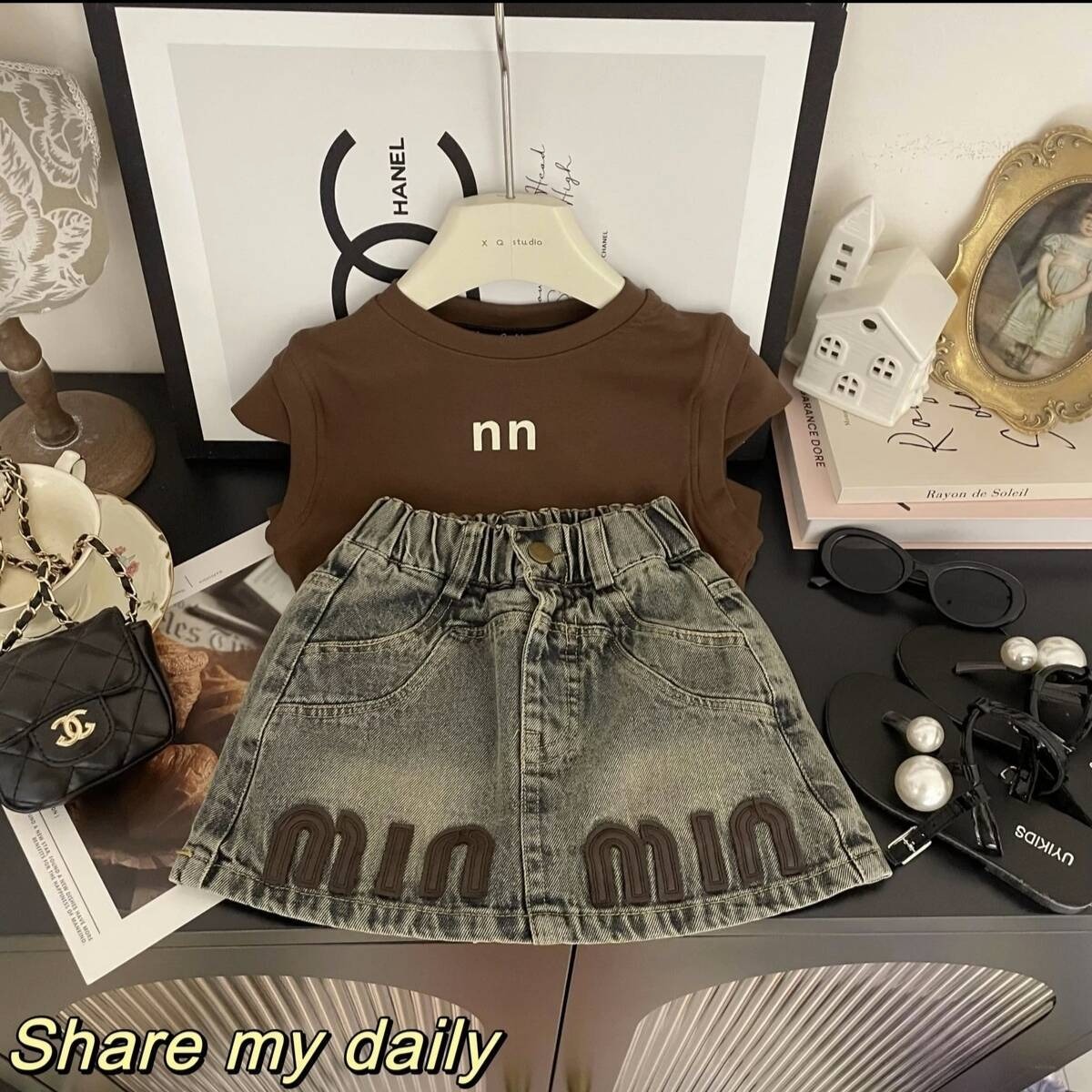 2pcs Toddler Girls Mallard Print Letter Sleeveless Top & Denim Skirt