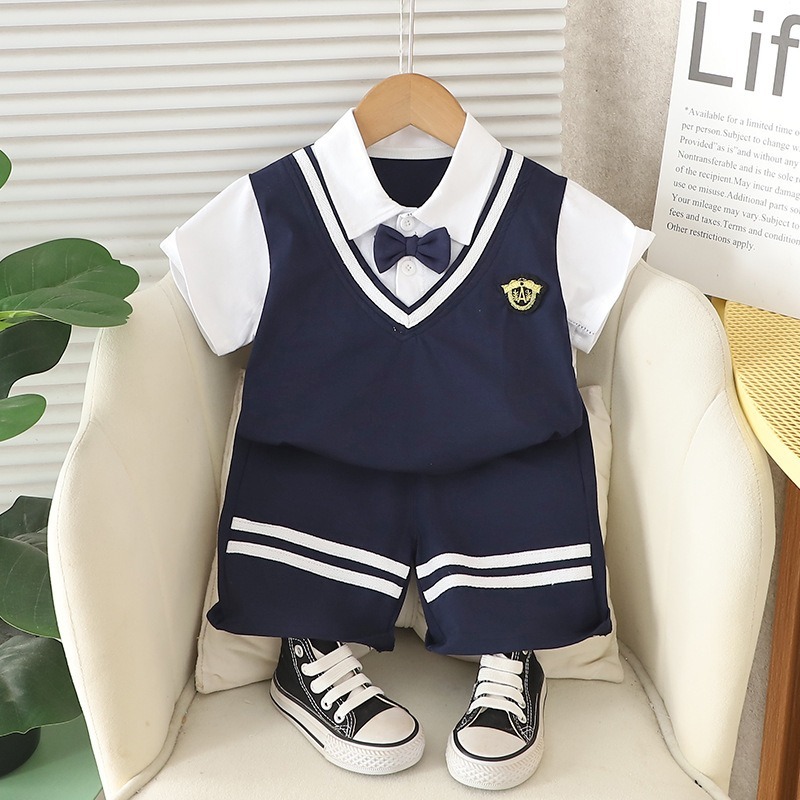 2pcs Toddler Boys Preppy Style Short Sleeve & Shorts