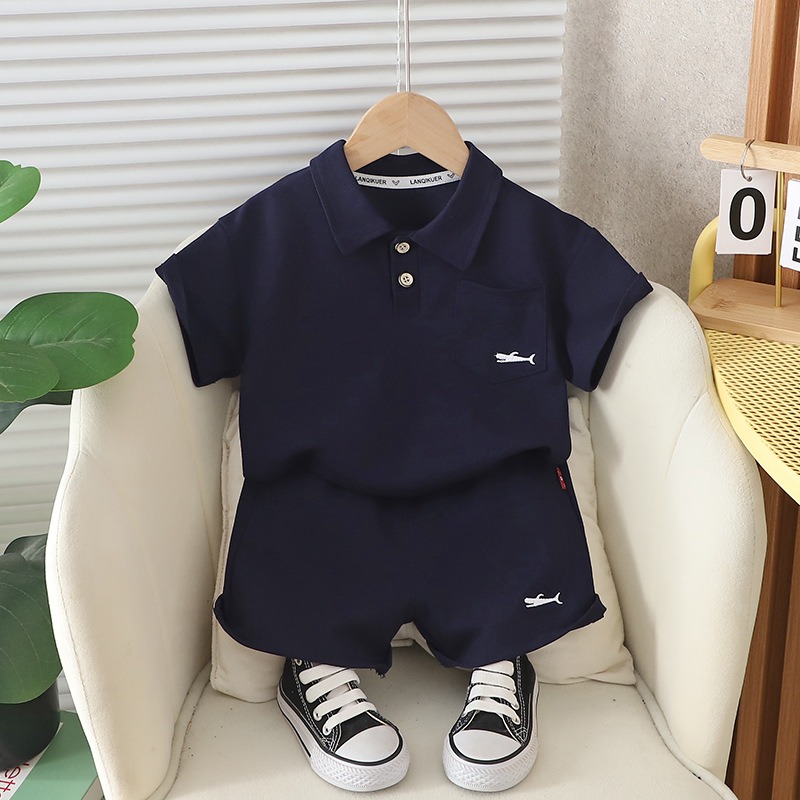 2pcs Toddler Boys Solid Color Collared Polo Shirt & Shorts
