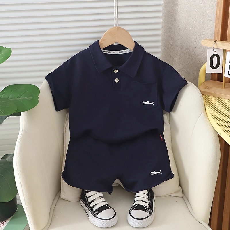 2pcs Toddler Boys Solid Color Collared Polo Shirt & Shorts