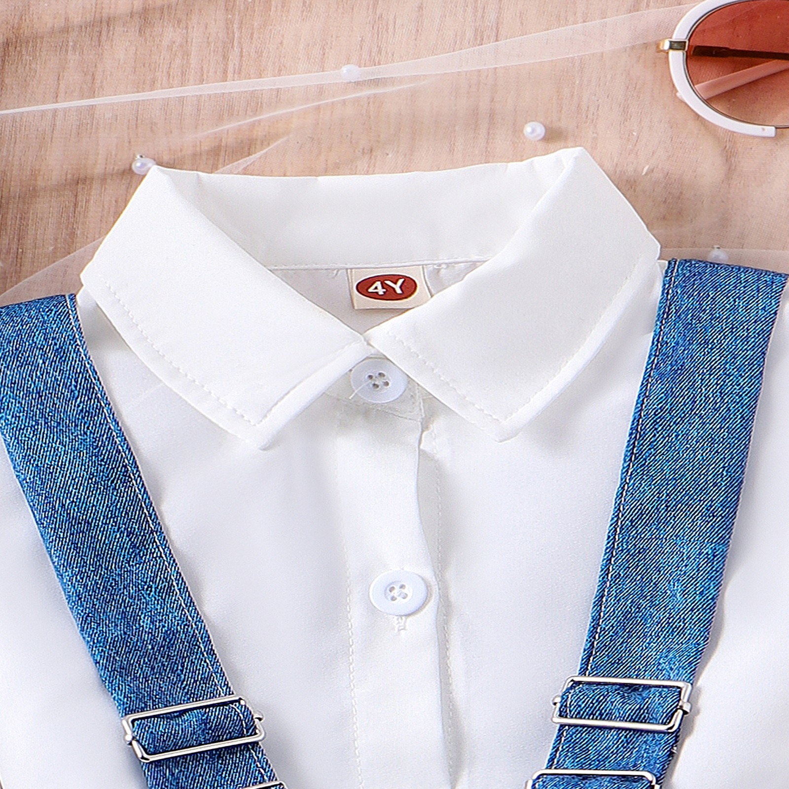 2pcs Toddler Girls Fashionable Playful White Blouse With Cap Sleeves And Figure-Flattering Mid-Wash Blue Denim Pinafore Dress