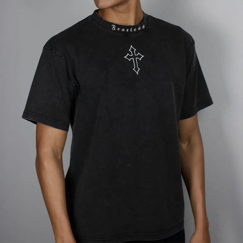 Unisex Fearless Cross Print Acid Washed T-Shirt