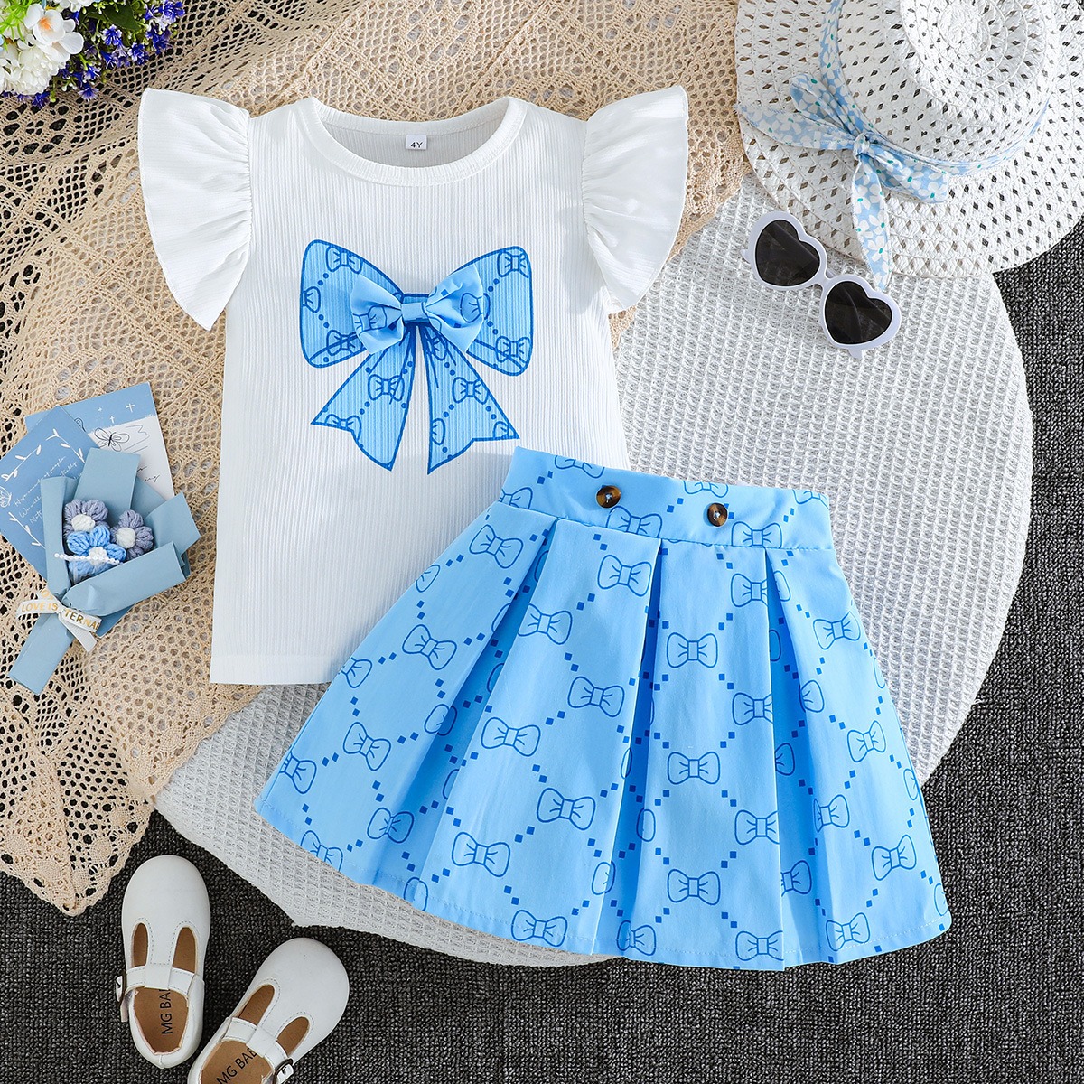 2pcs Toddler Girls Ruffle Sleeve Bow Blouse With Pleated Skirt